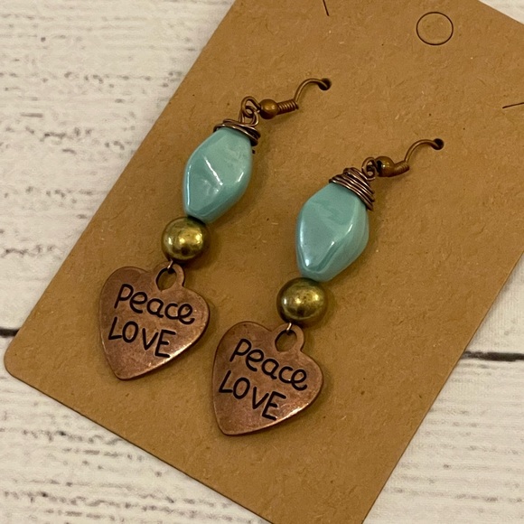 Turquoise boho  peace  & love heart brass charm drop earrings handmade - Picture 1 of 6